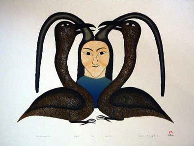 Birds Braid Woman's Hair Inuit Art Litograph