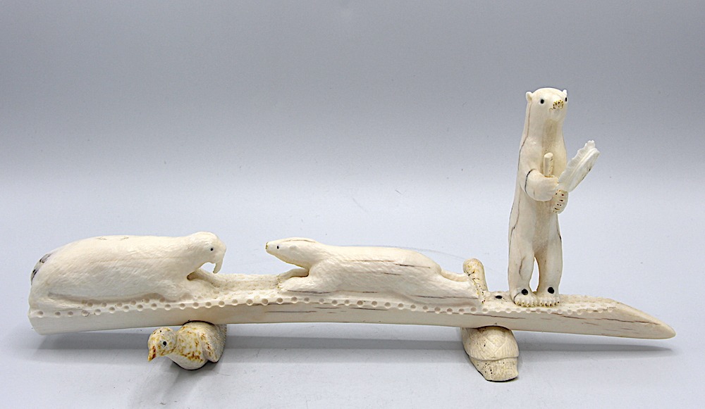 bear drummer Inuit Art Sculpture in walrus ivory
