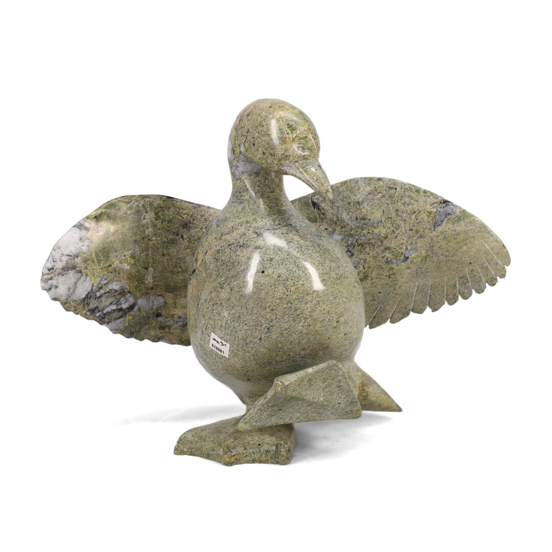 One hand carved sculpture of a bird by Pudlalik Shaa. Carved out of serpentine stone.