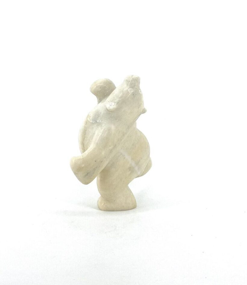 Original inuit art sculpture in white marble carved by Markoosie Papigatuk Bear 66374 from Cape Dorset.