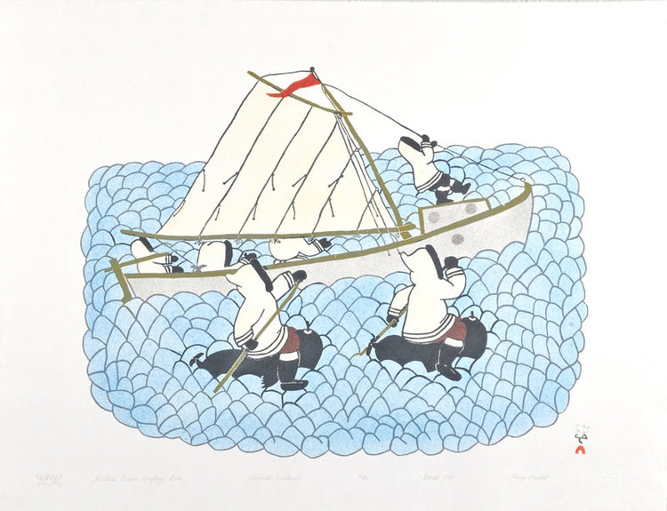 one original inuit art print lithography by Mary puddlât hunters pursue drifting boat