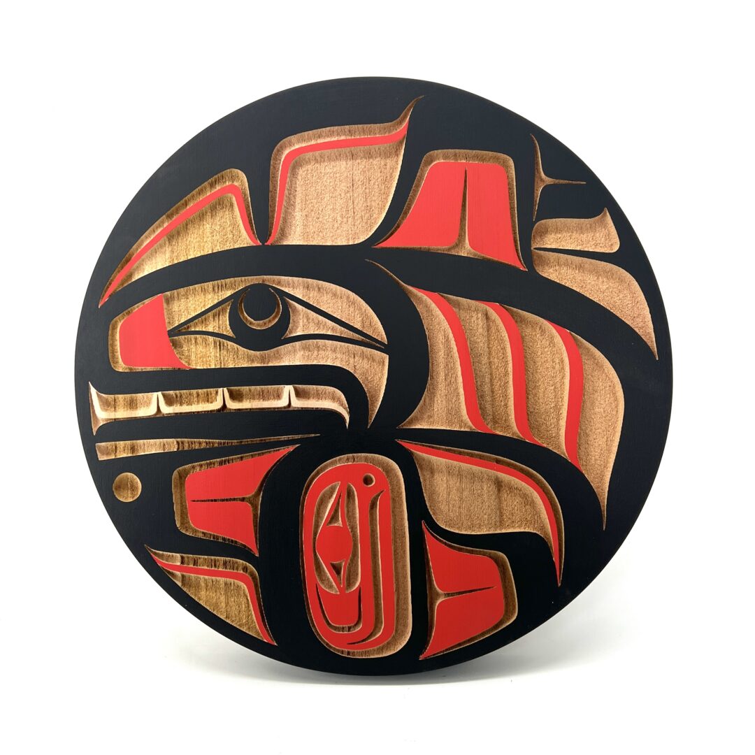 One original sand-blasted panel by Nuxalk artist, Nusmata. One orca panel made out of cedar wood and acrylic paint.