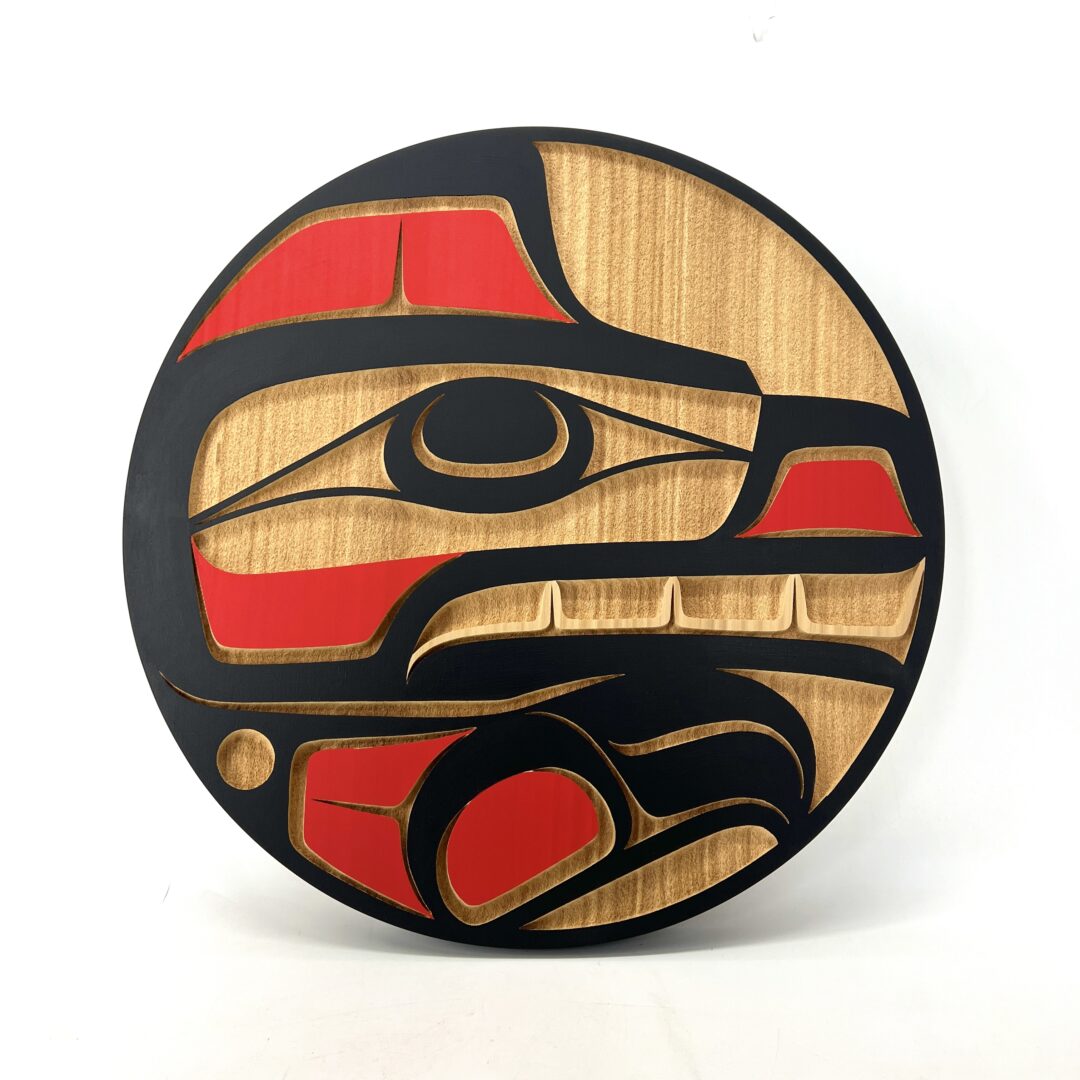 One original sand-blasted panel by Nuxalk artist, Nusmata. One bear panel made of cedar wood and acrylic paint.