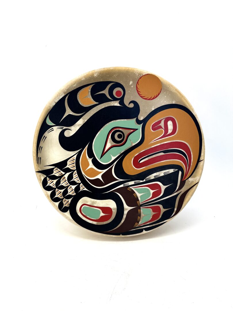 One original hand-made Eagle drum by Kwakwak'wakw artist, Johnathan Henderson. Made out of deer hide and acrylic paint.