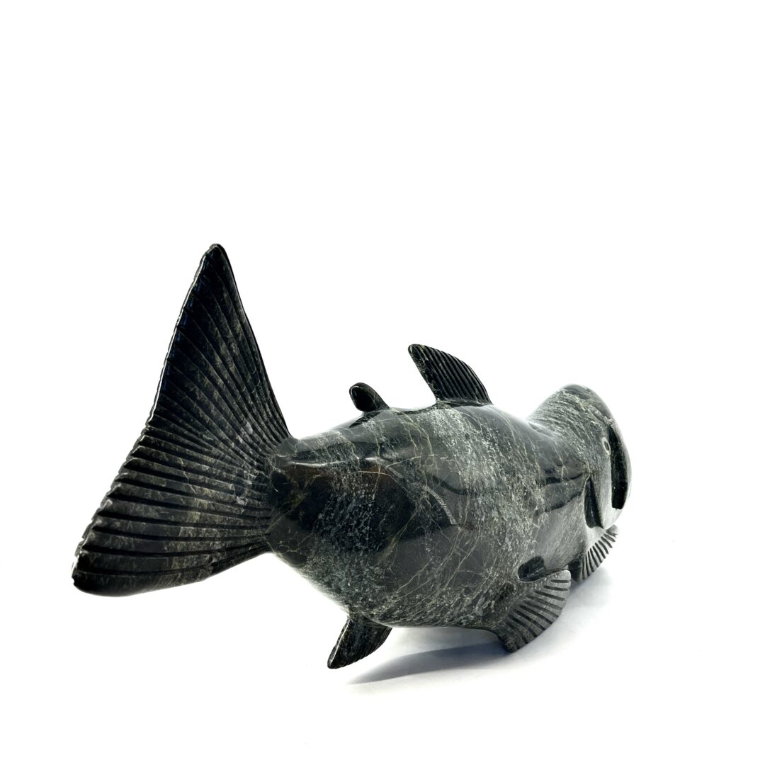 One original hand-carved sculpture by Inuit artist, Toonoo Sharky. One fish sculpture made out of serpentine.