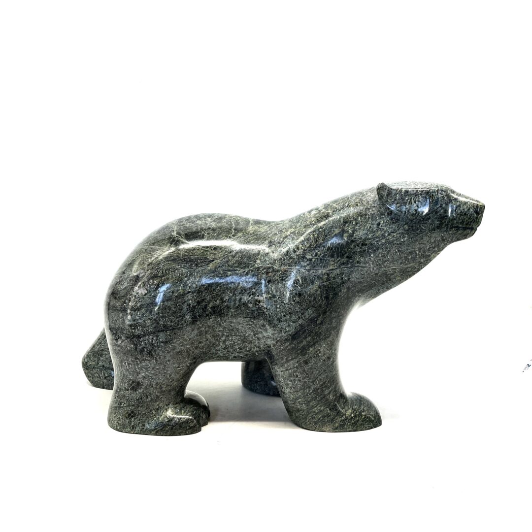 One original hand-carved sculpture by Inuit artist, Ashevak Adla. One walking bear made out of serpentine.