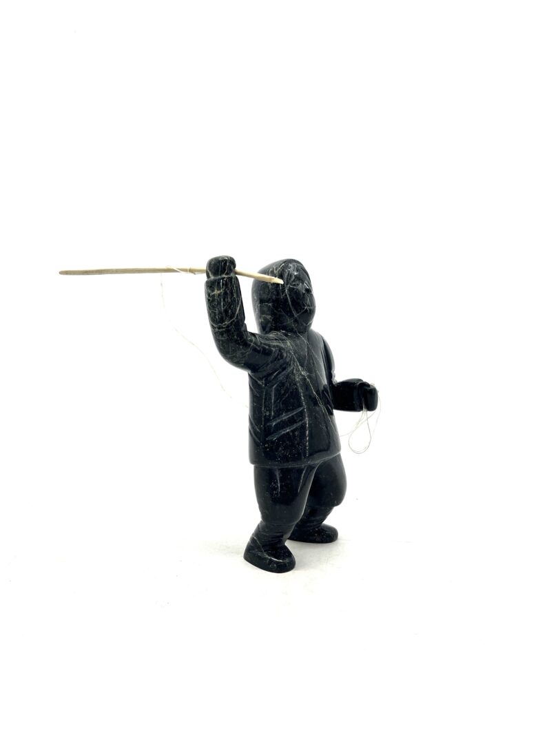One original hand-carved sculpture by Inuit artist, Pitseolak Qimirpik. One hunter with harpoon made out of serpentine.