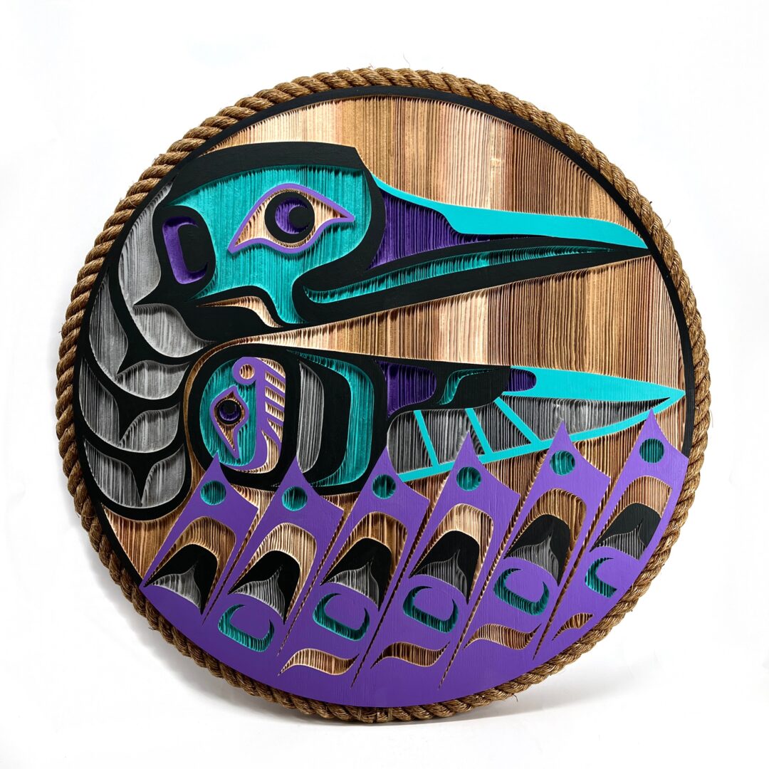 One original hand-carved panel by Kwakwa'wakw artist, Jason Henry Hunt. One humming bird carved out of cedar wood.
