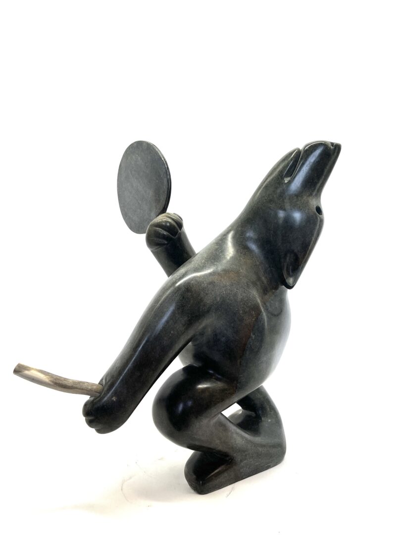 One original hand-carved sculpture by Inuit artist, Abraham Anghik Ruben. One bear drum dancer carved out of soapstone.