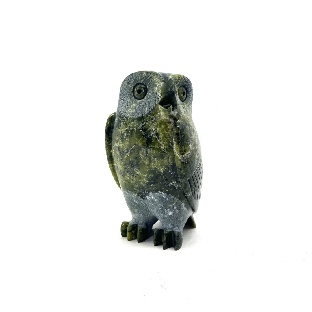 One original hand-carved sculpture by Inuit artist, Pits Qimirpik. One owl carved out of green serpentine.