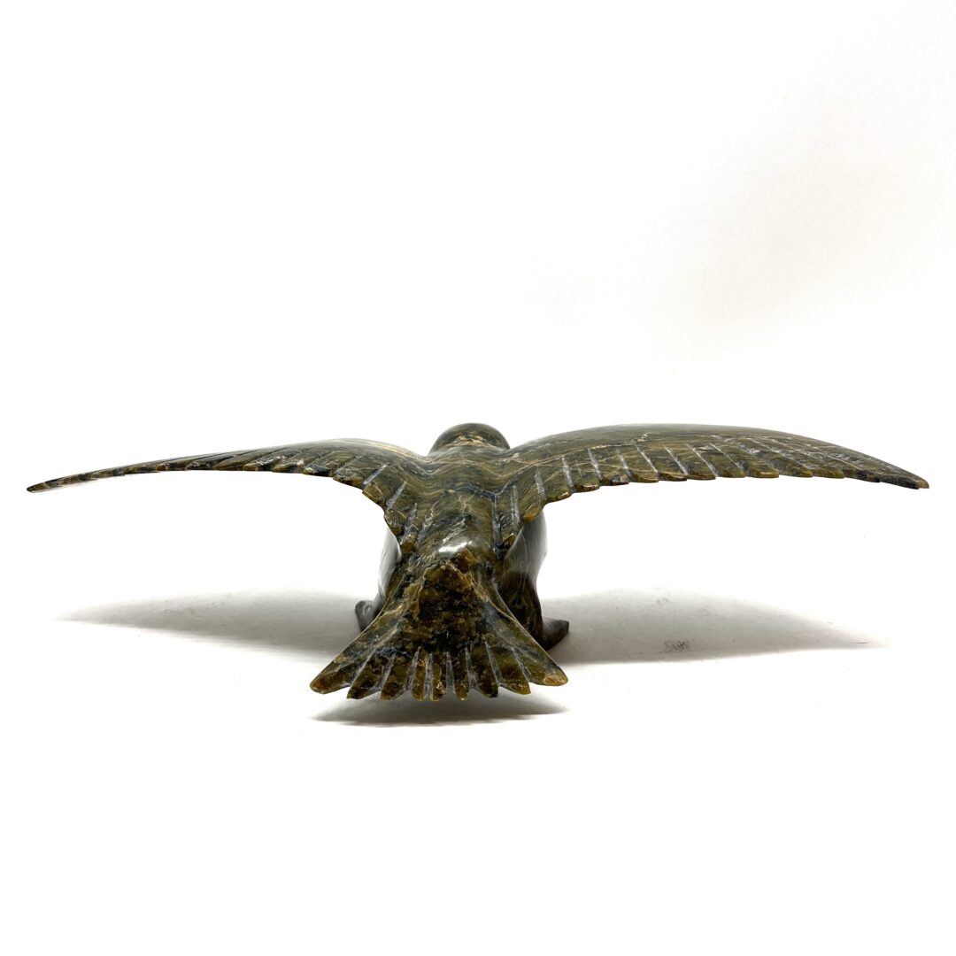 One original hand-carved sculpture by Inuit artist, Napachie Skarky. One flying bird carved out of serpentine.