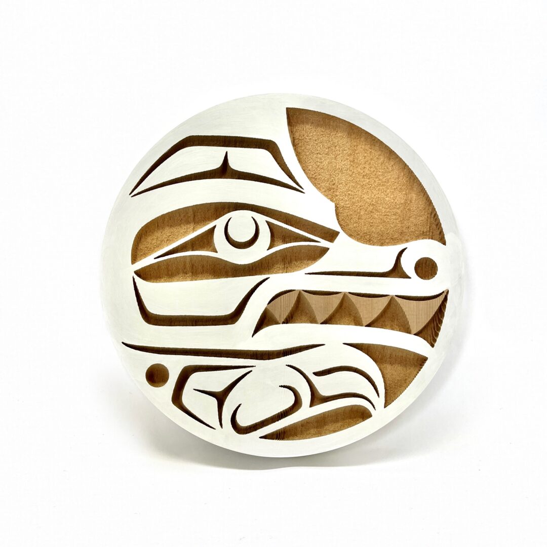 One original hand-carved panel by Nuxalk artist Nusmata. One wolf panel carved out of cedar wood and acrylic paint