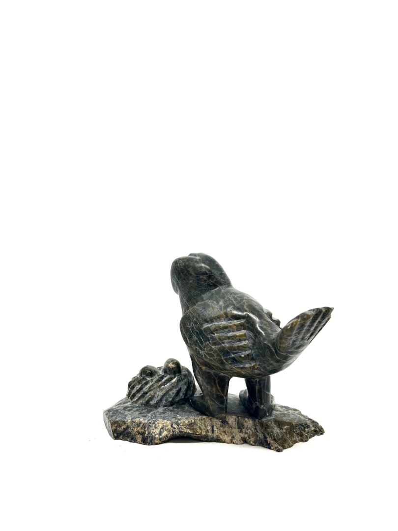 One original hand-carved sculpture by Inuit artist, Pits Qimirpik. One bird with its nest carved out of serpentine.