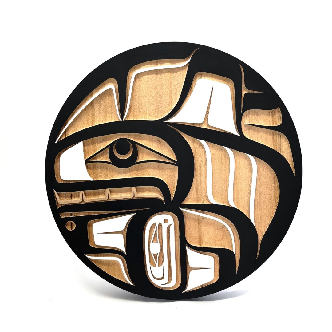One original hand-carved sculpture by Nuxalk artist, Nusmata. One orca panel carved out of cedar wood and acrylic paint.