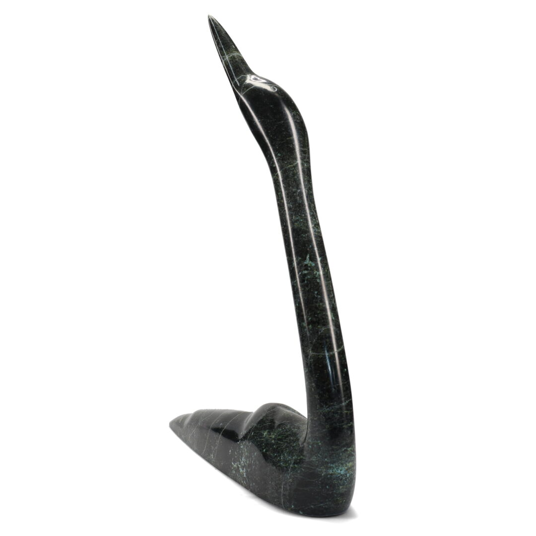 One original hand-carved sculpture by Inuit artist Ningosiak Ashoona. One loon carved out of serpentine stone.