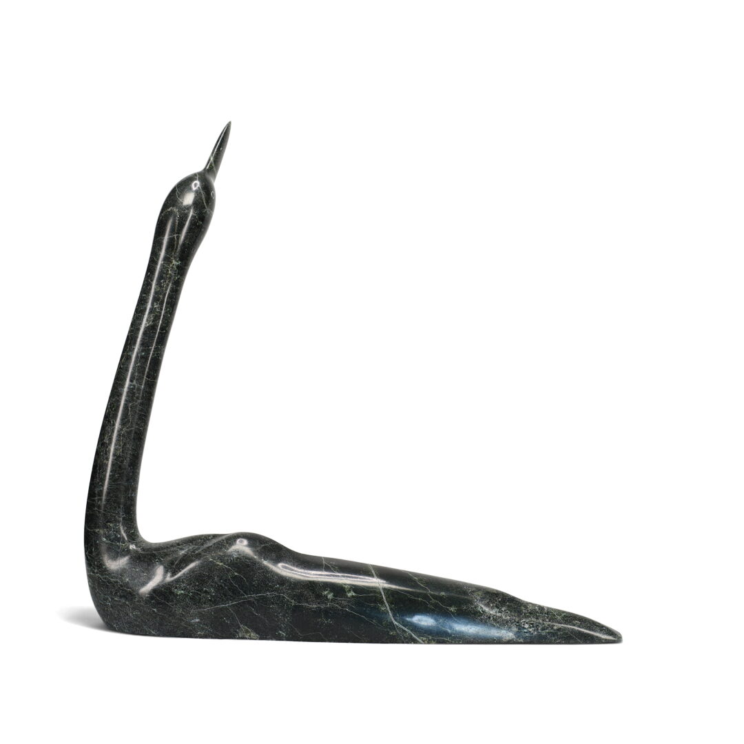One original hand-carved sculpture by Inuit artist Ningosiak Ashoona. One loon carved out of serpentine stone.