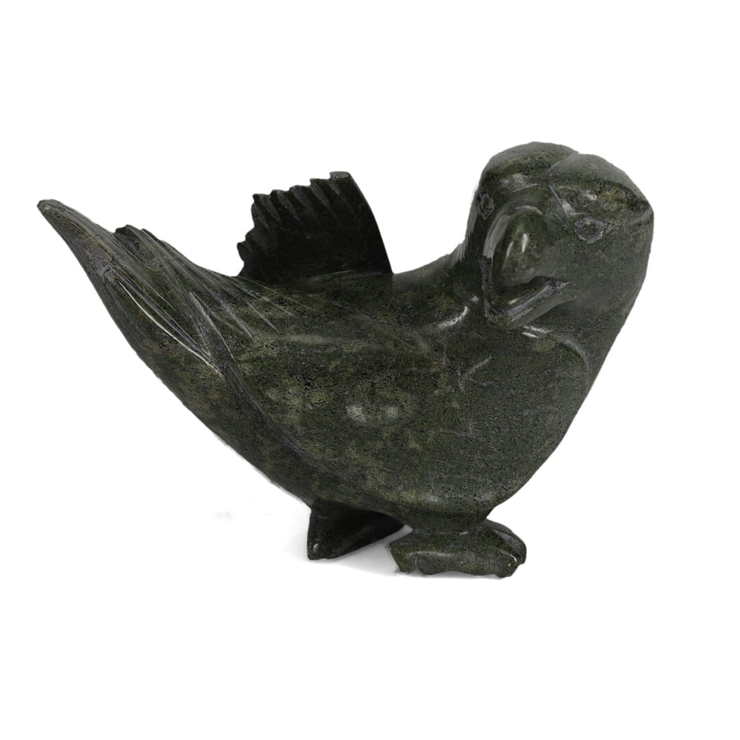 One original hand-carved sculpture by Inuit artist Ejesoak Pitsiulak. One raven carved out of serpentine stone.