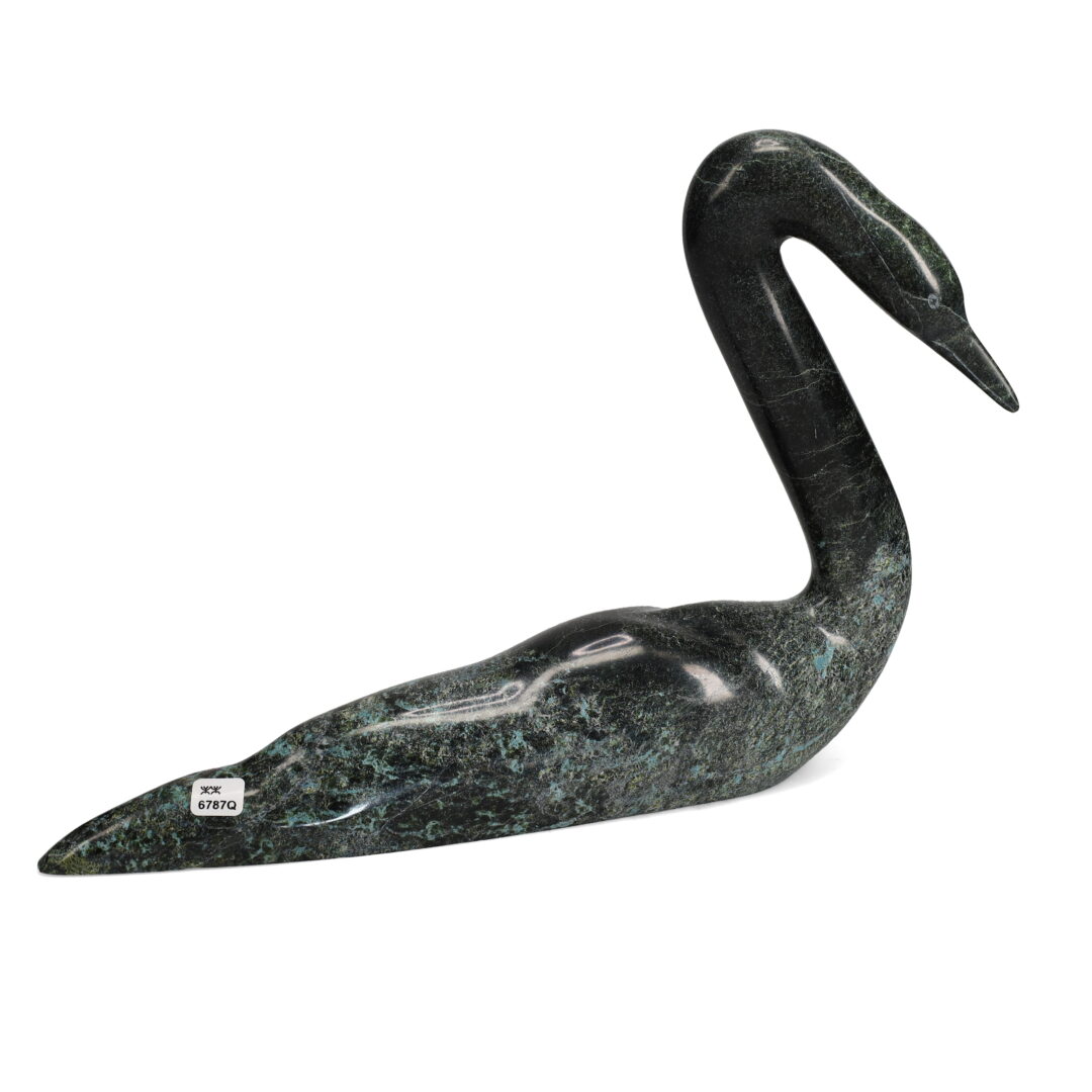 One original hand-carved sculpture by Inuit artist Ningosiak Ashoona. One swan carved out of serpentine stone.