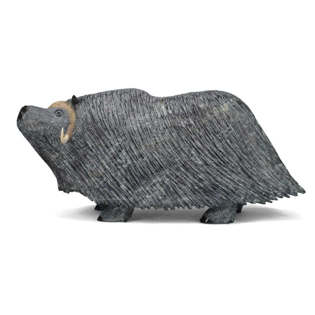 One original hand-carved sculpture by Inuit artist Lucassie Ikkidluak. One muskox carved out of serpentine and antler.