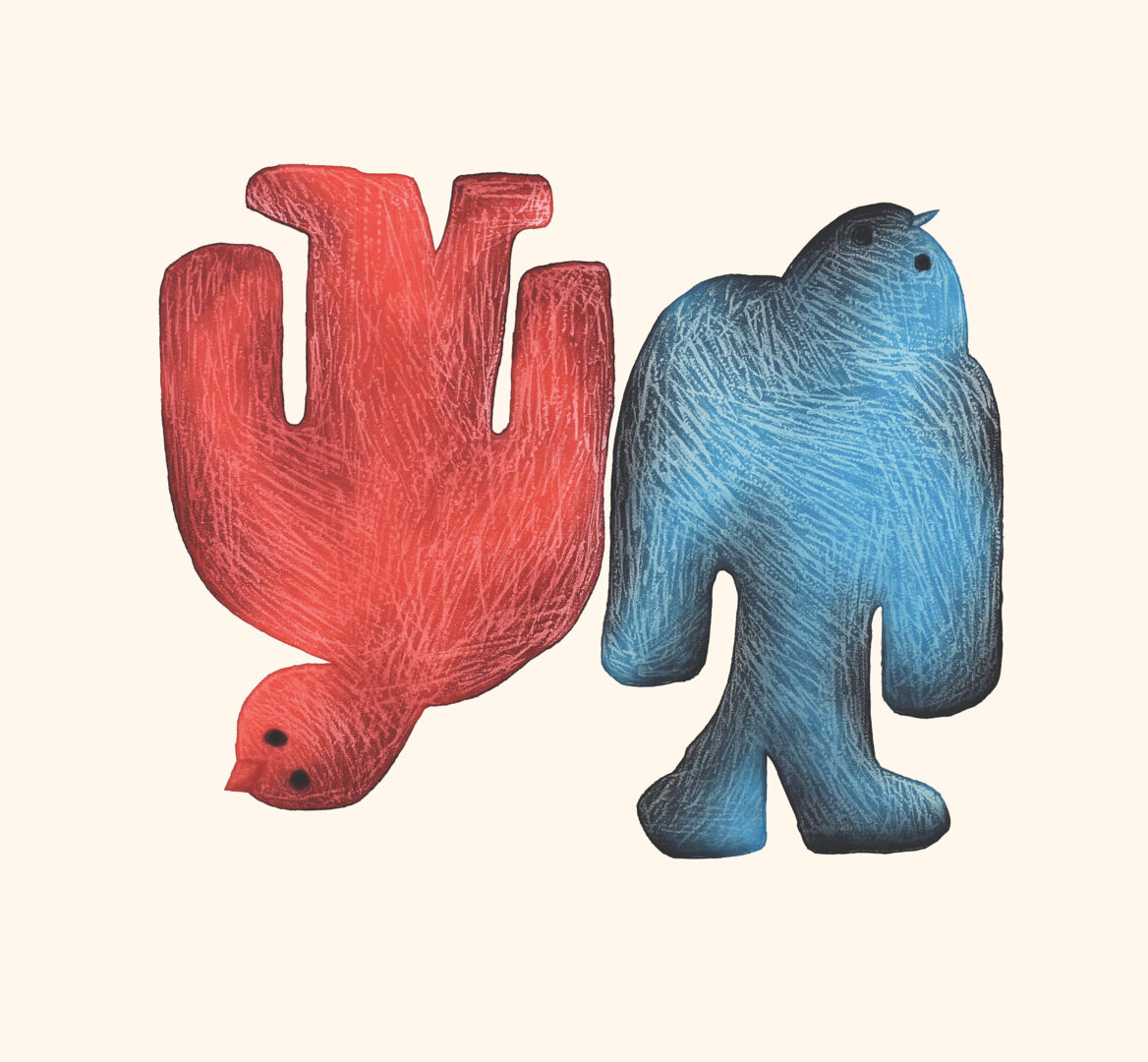 One original Etching & Aquatint by Inuit artist, Saimaiyu Akesuk. One print of two birds, in red and blue.
