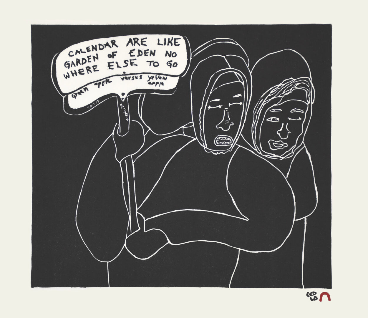 One original linocut by Inuit artist, Shuvinai Ashoona. One limited edition print of two Inuit, commenting in the Garden of Eden