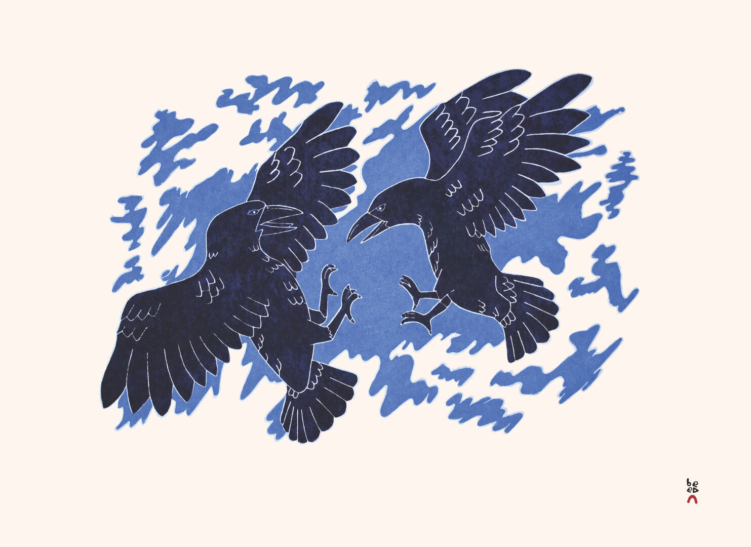 One original stonecut print by Inuit artist, Killiktee Killiktee. One limited edition print of battling ravens