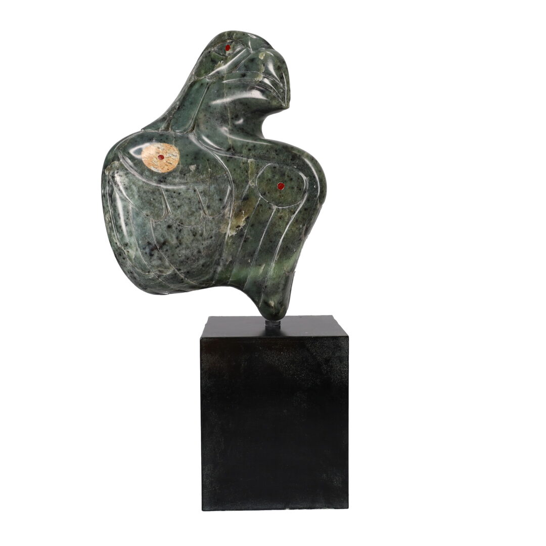 One original hand-carved sculpture by Inuit artist, Abraham Ruben. One eagle composition carved out of soapstone.