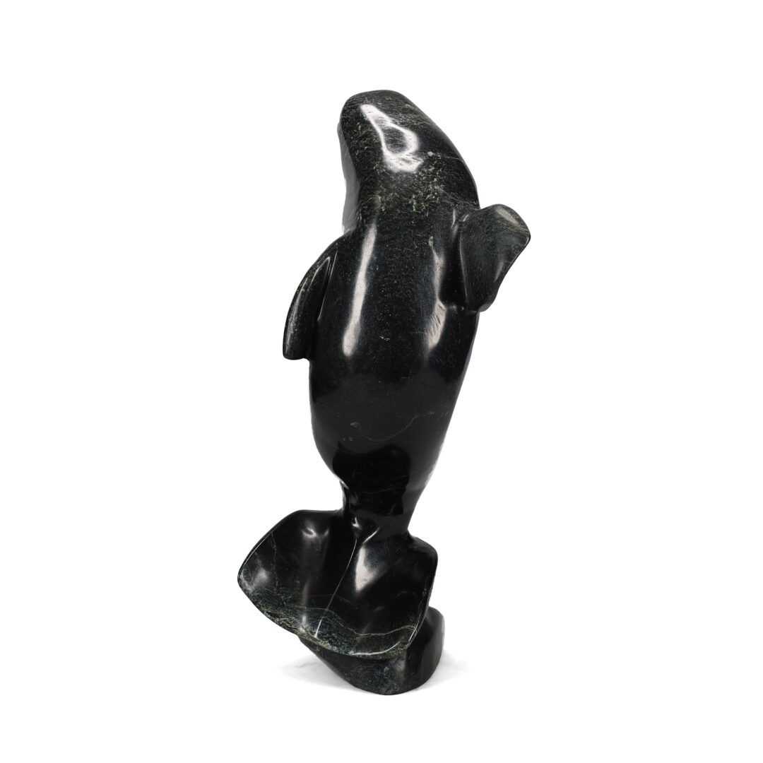 One original hand-carved sculpture by inuit artist, Lucassie Mikkigak. One beluga carved out of serpentine.