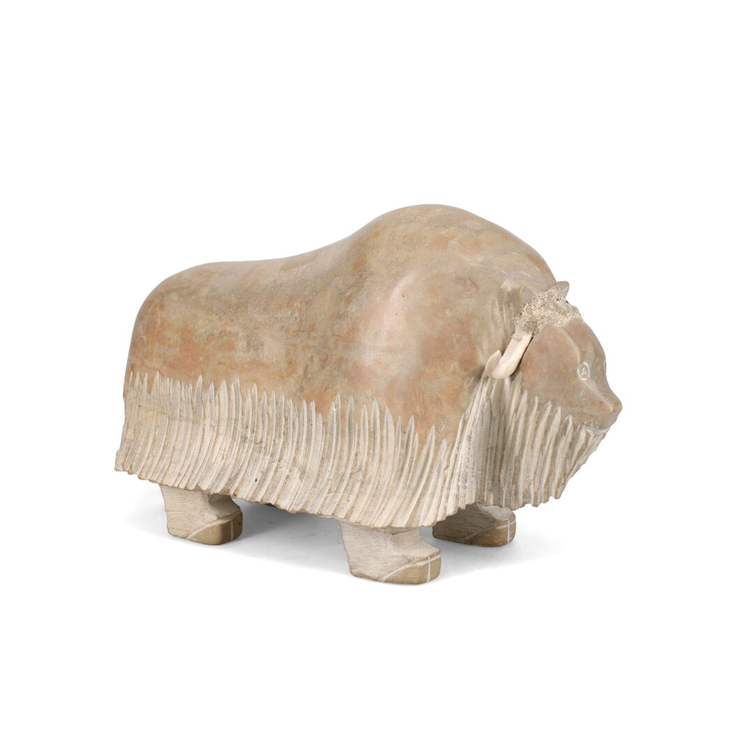 One original hand-carved sculpture by Inuit artist, Simeonie Killiktee. One muskox carved out of soapstone and antler.