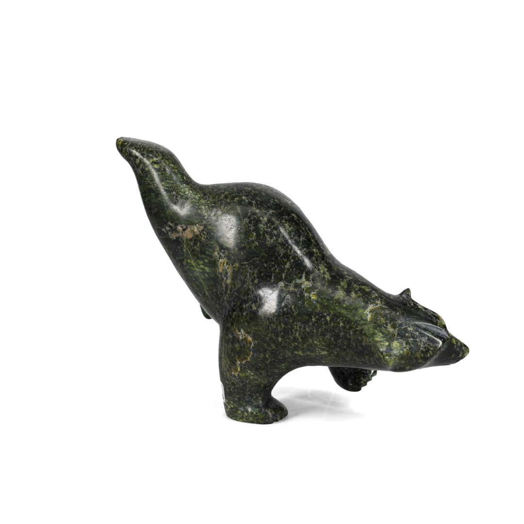 One original hand-carved sculpture by Inuit artist, Etidloie Adla. One diving bear carved out of serpentine.