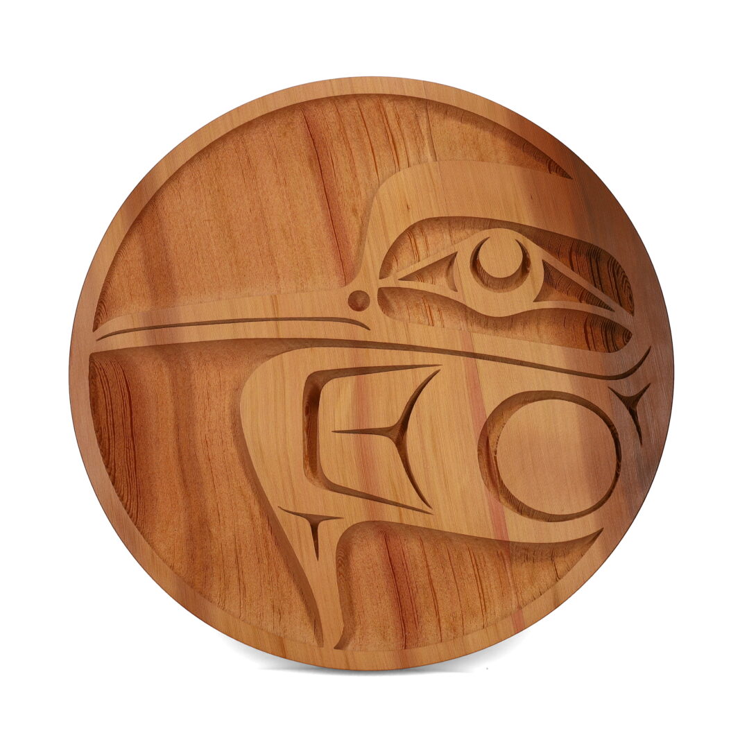 One original wooden panel carved by Nuxalk artist, Nusmata. One hummingbird panel caved out of unpainted cedar wood.