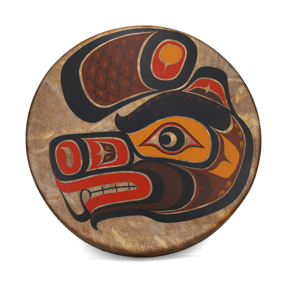 One hand made drum by Kwakwaka’wakw artist, Johnathan Henderson. One beaver drum made of painted deer hide.