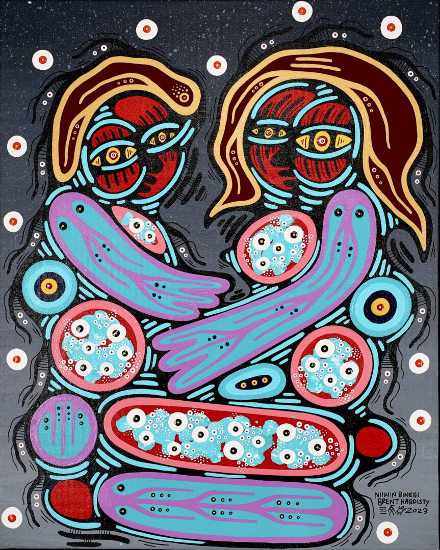 One original painting by Anishinaabe artist, Brent Hardisty. One couple in embrace painted in the Woodland style.