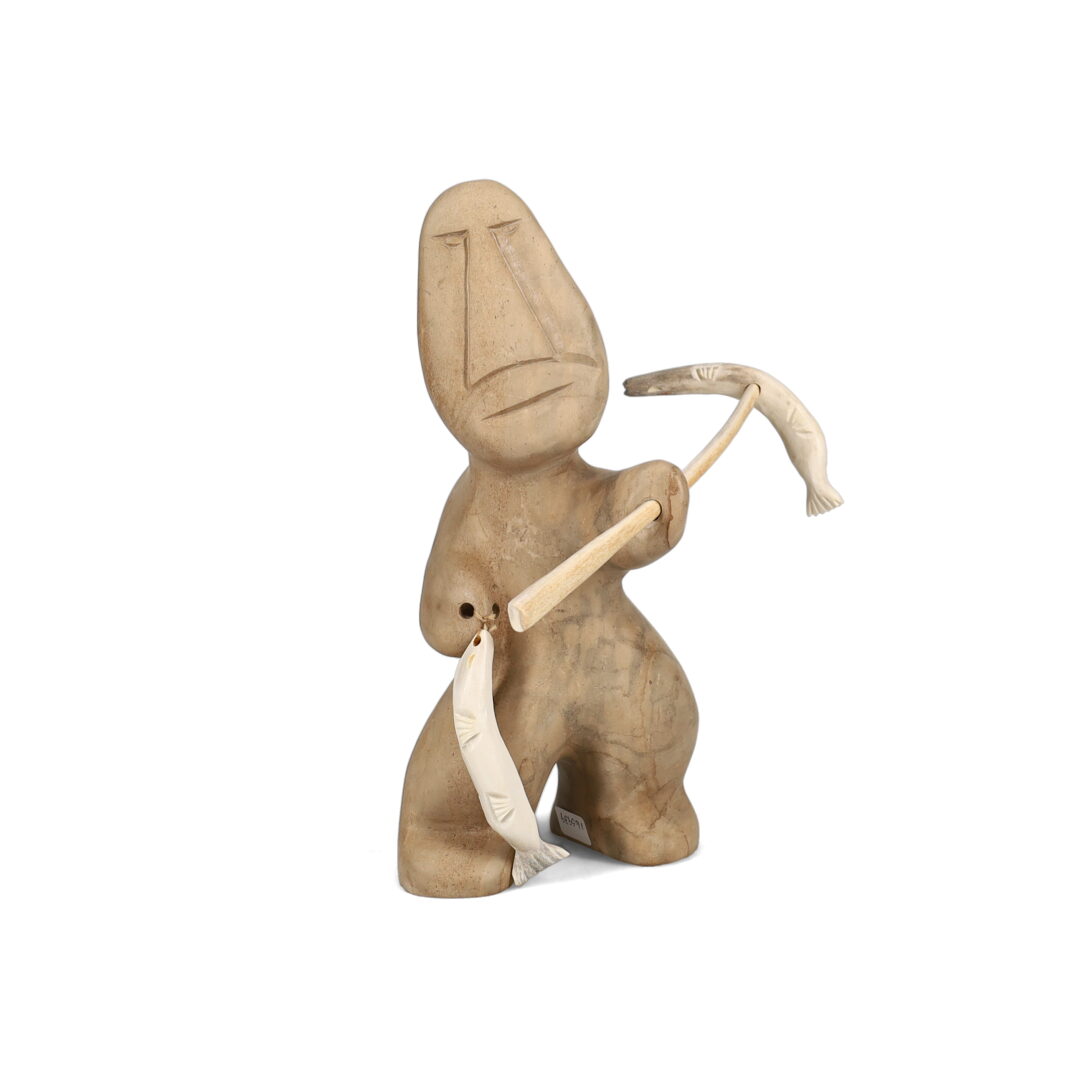 One original hand-carved sculpture by Inuit artist, Robert Hallauk. One fisherman carved out of soapstone.