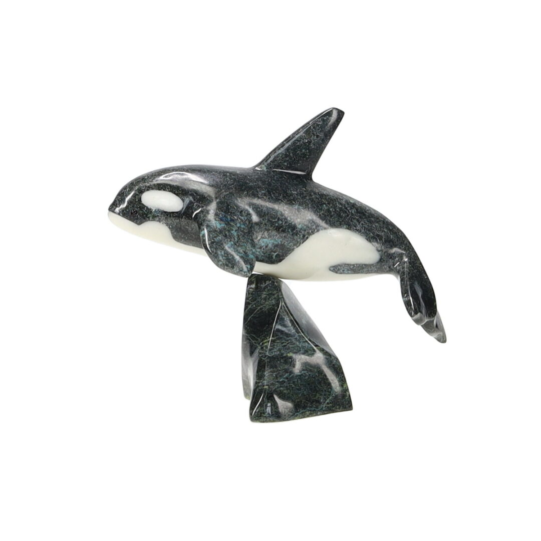 One original hand-carved sculpture by Inuit artist, Johnnysa Mathewsie. One killer whale carved out of serpentine.
