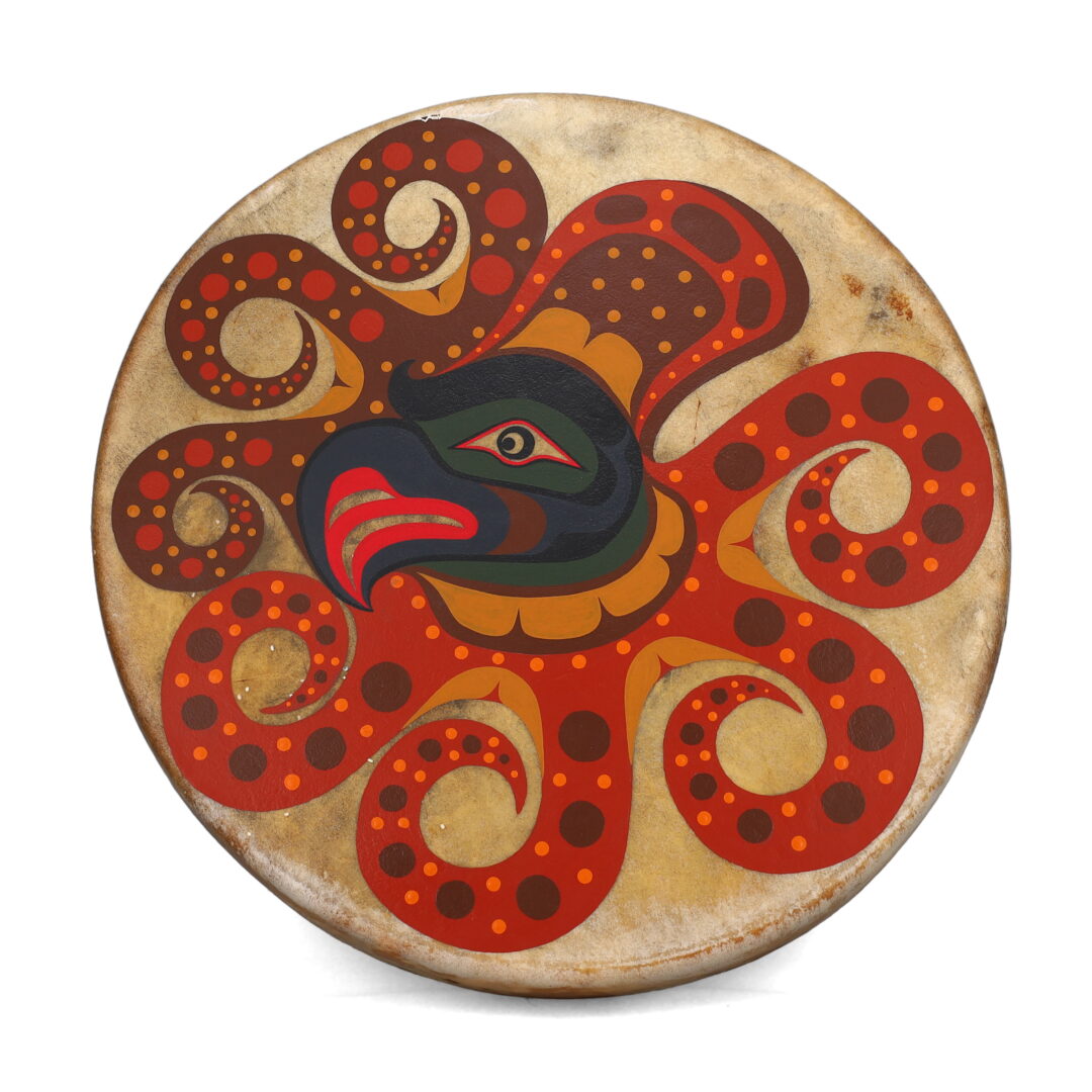 One original hand-painted drum by Kwakwaka’wakw artist, Johnathan Henderson. One octopus drum made of deer hide.