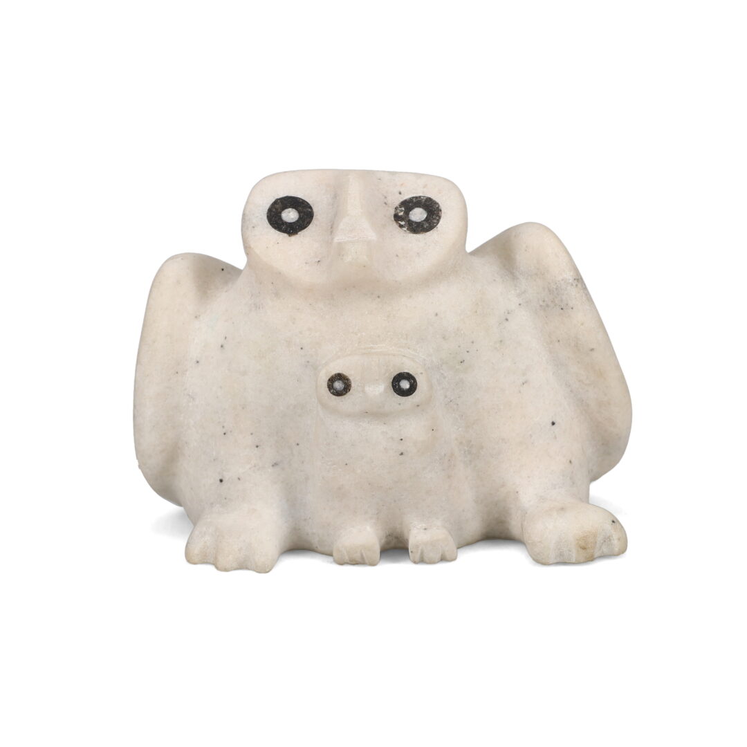One original hand-carved sculpture by Inuit artist, Adamie Quamaqiaq. One owl & chick carved out of marble.