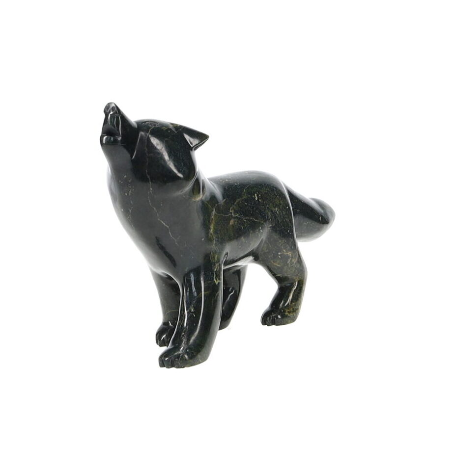 One original hand-carved sculpture by Inuit artist, Matthew Flaherty. One howling wolf carved out of serpentine.
