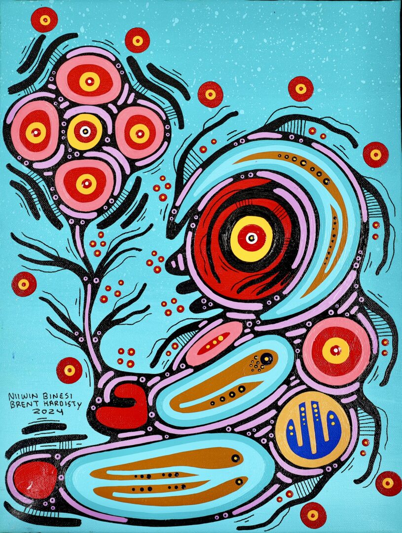 One original painting by Anishinaabe artist, Brent Hardisty. One acrylic painting on canvas depicting a little person with a flower.