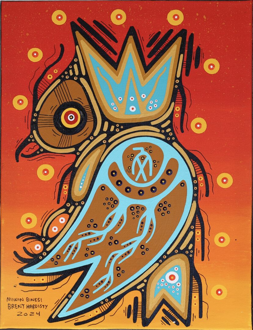 One original painting by Anishinaabe artist, Brent Hardisty. One acrylic painting on canvas depicting a thunderbird hawk.