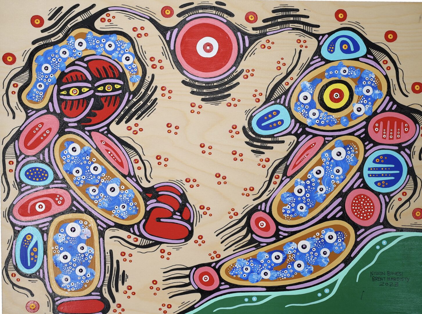 One original painting by Anishinaabe artist, Brent Hardisty. One medicine man and bear painted on a wooden panel.