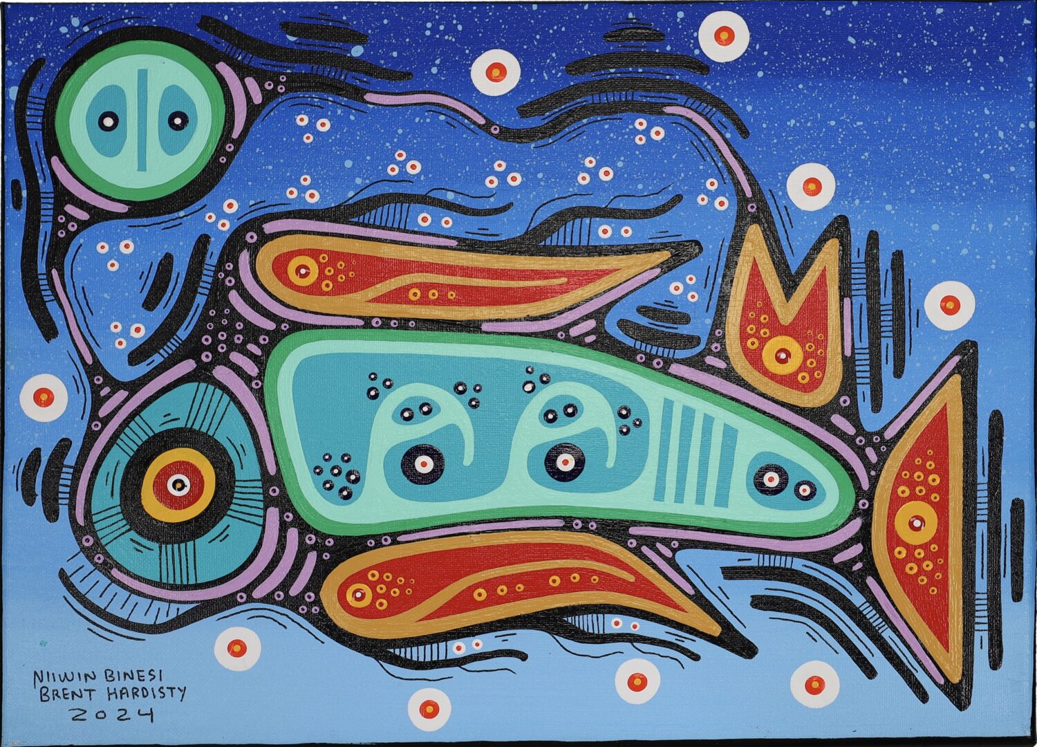 One original painting by Anishinaabe artist, Brent Hardisty. One ___ painting on canvas depicting a mystical fish.