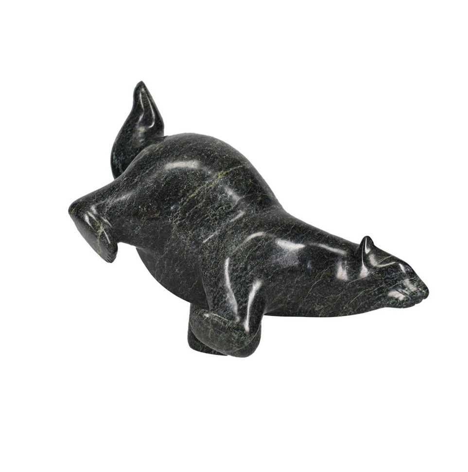 One original hand-carved sculpture by Inuit artist, Joanie Ragee. One dancing bear carved out of serpentine.