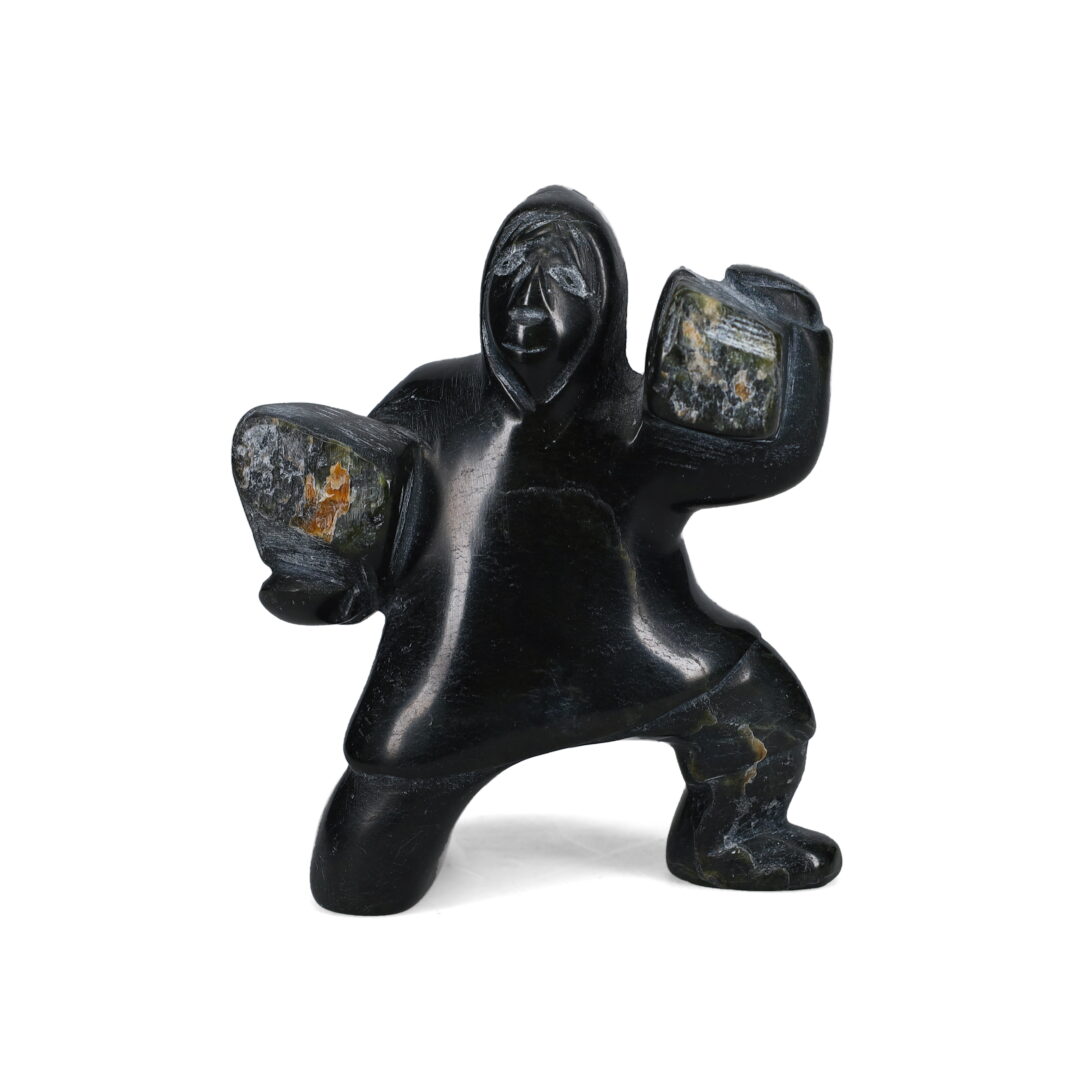 One original hand-carved sculpture by Inuit artist, Pitsulak Qimirpik. One man carving carved out of serpentine.
