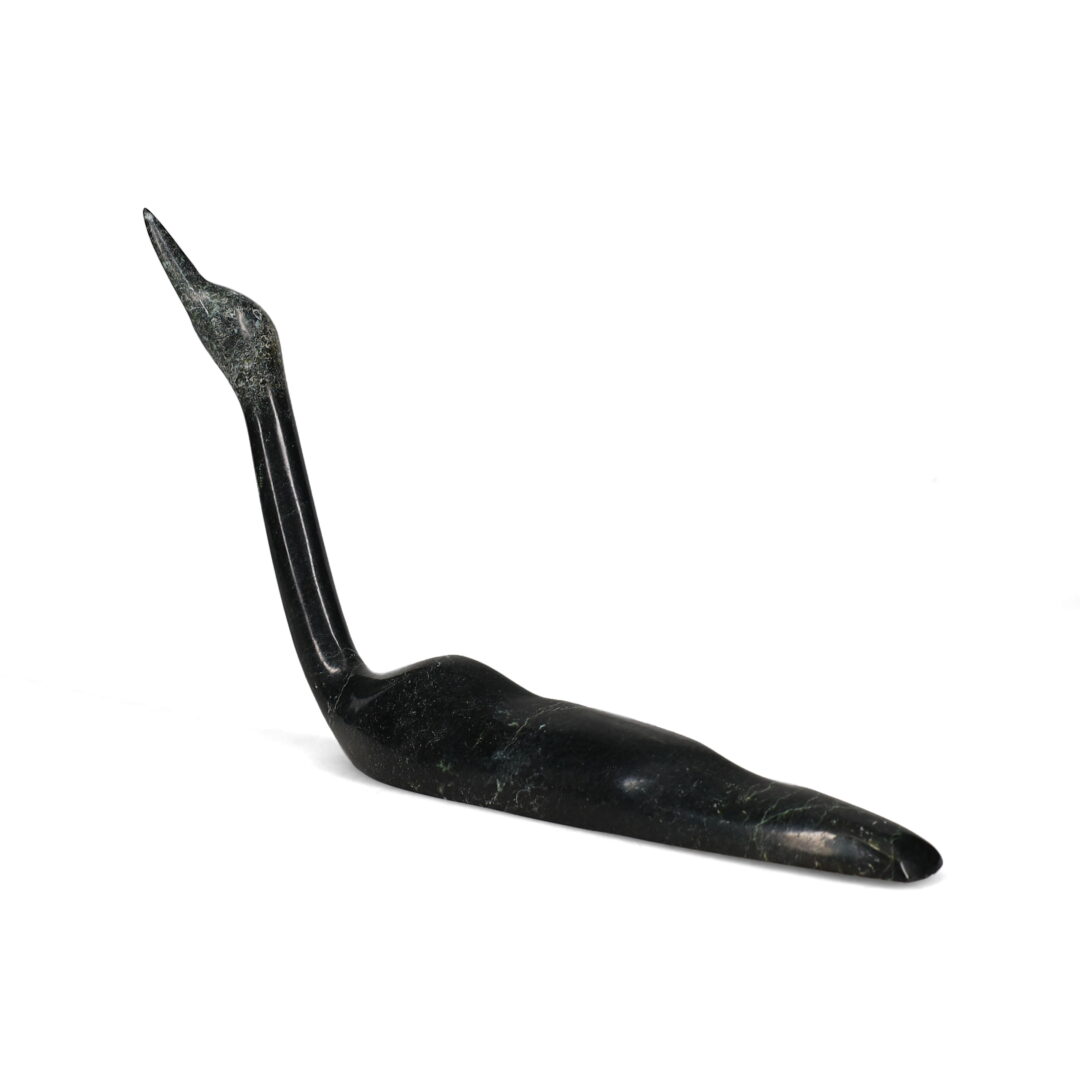 One original hand-carved sculpture by Inuit artist, Ningeosiaq Ashoona. One loon carved out of serpentine.