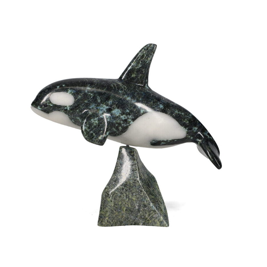 One original hand-carved sculpture by Inuit artist, Johnnysa Mathewsie. One killer whale carved out of serpentine.