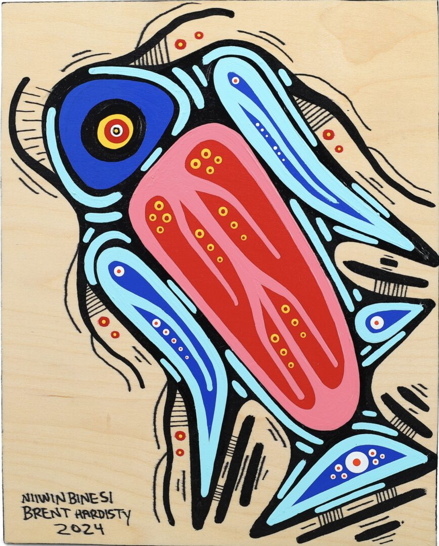 One original painting by Anishinaabe artist, Brent Hardisty. One acrylic painting on canvas depicting a jumping fish