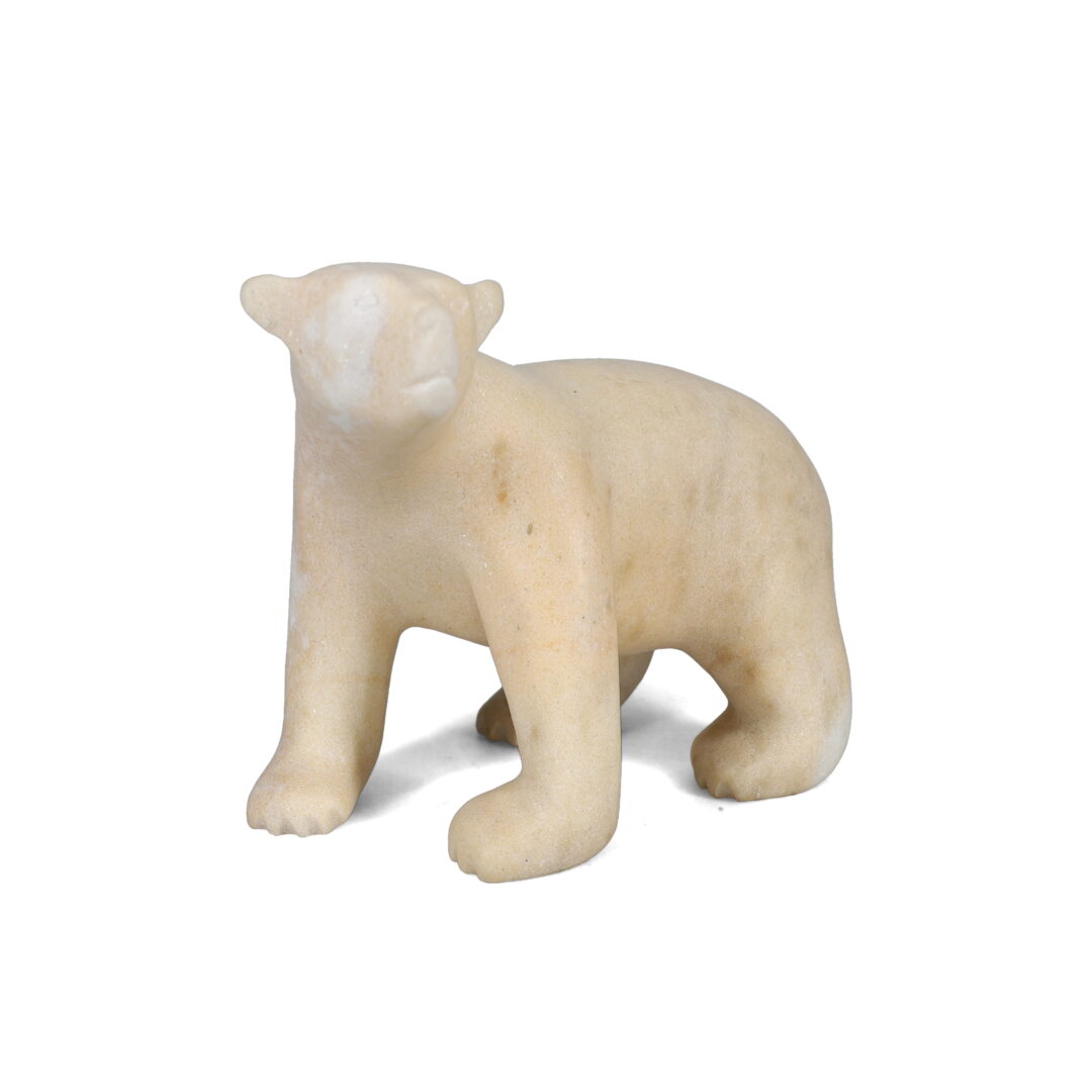 One original hand-carved sculpture by Inuit artist, Adamie Qummiaquk. One bear carved out of white marble.