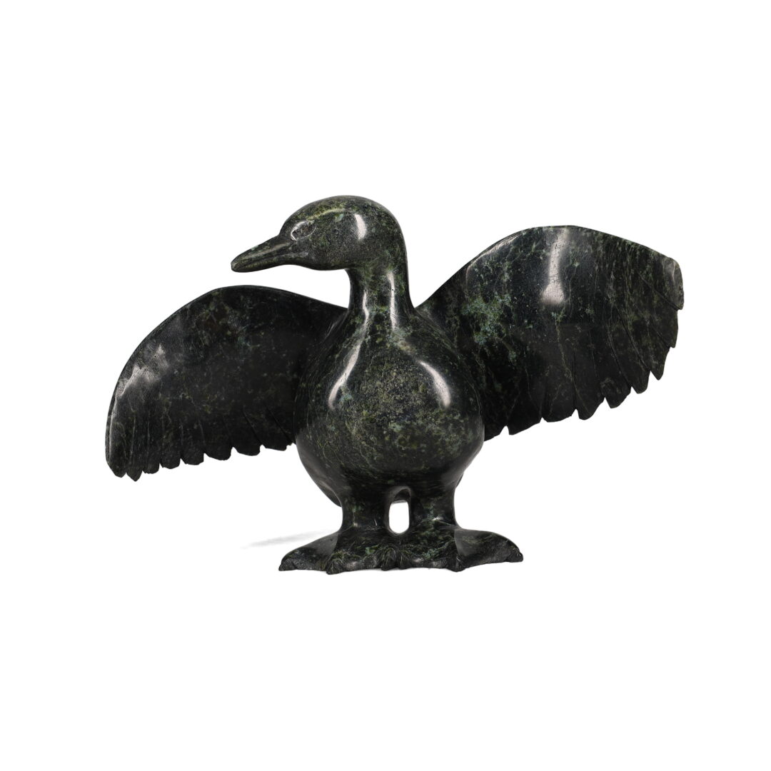 One original hand-carved sculpture by Inuit artist, Pudlalik Shaa. One bird carved out of serpentine stone.
