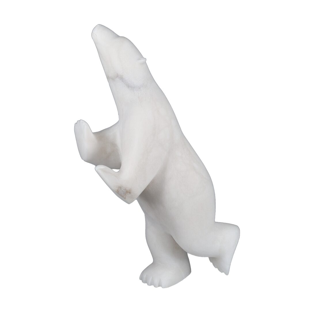 One original hand-carved sculpture by Inuit artist, Koomuatuk Curley. One dancing bear carved out of white marble.